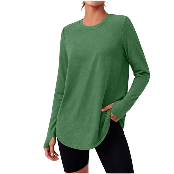 Qgtaibl Women Long Sleeve Workout Shirts Crew Neck Curved Hem Thumb Hole Tops Moisture Wicking Loose Fit Athletic Tees for Running Gym Fitness Green L