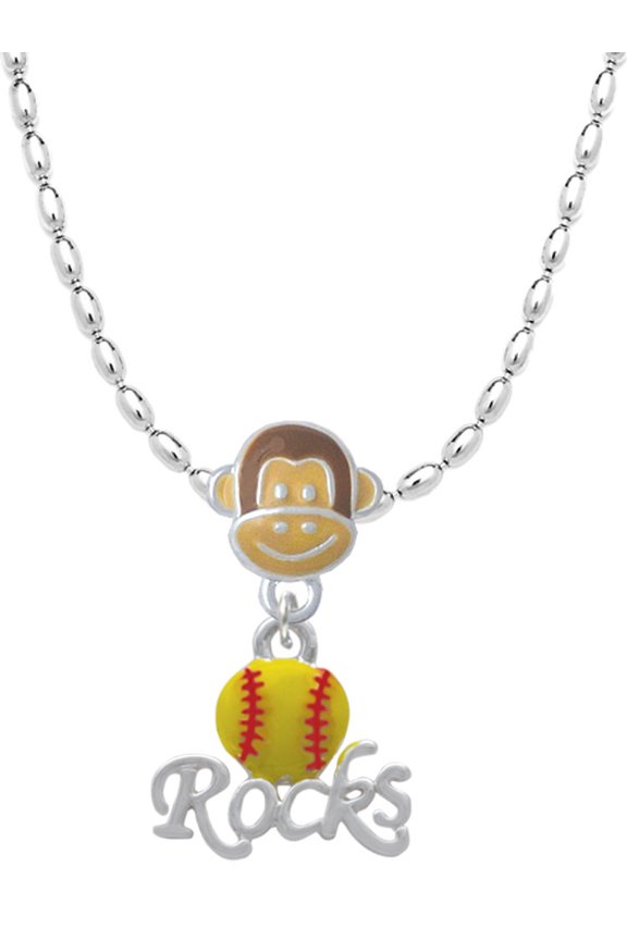Silvertone Enamel Softball ''Rocks'' Mia Monkey Charm Necklace