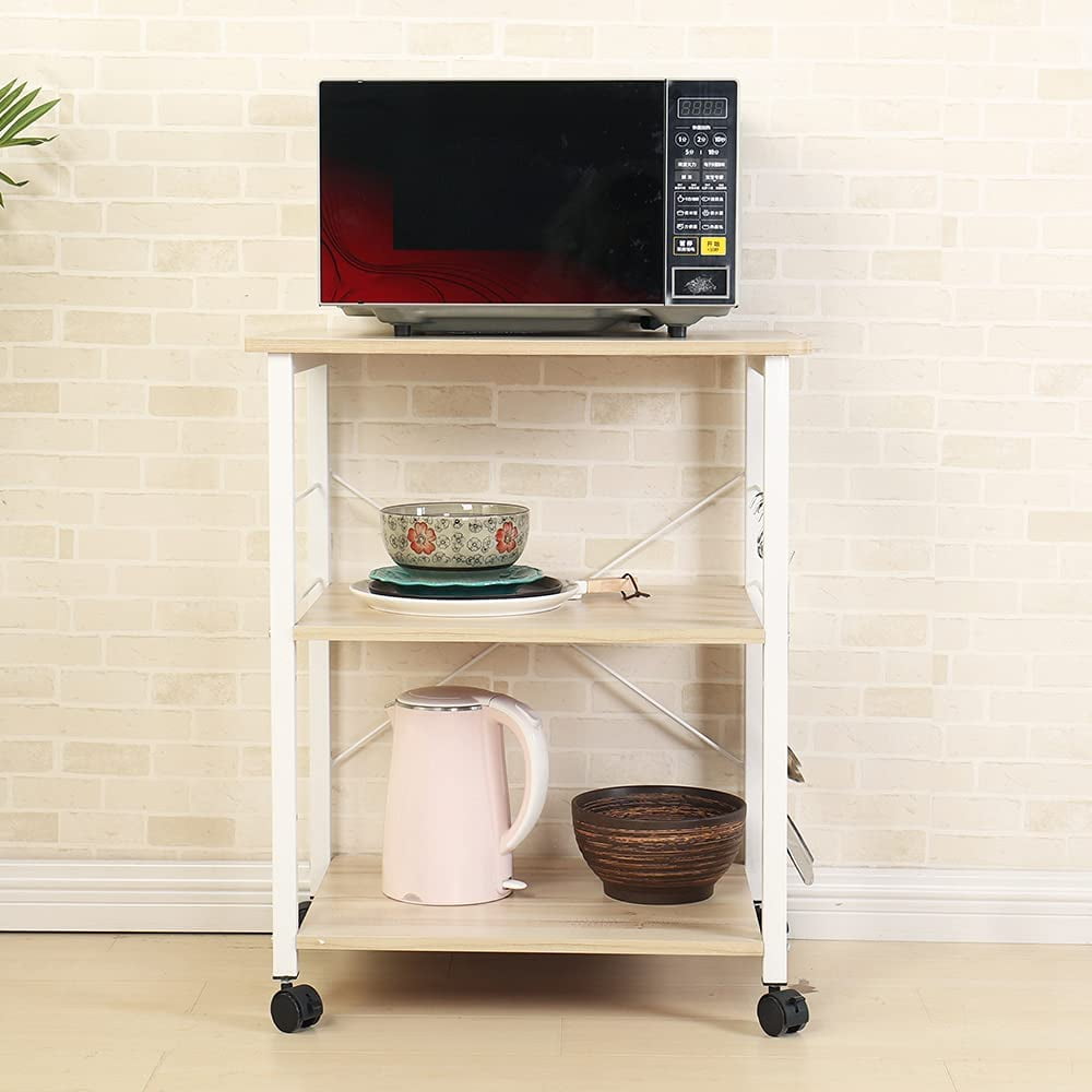 SogesPower 28.7" Wood Kitchen Mobile Island Cart 3-Tier with Wheels Functional Storage- Beige