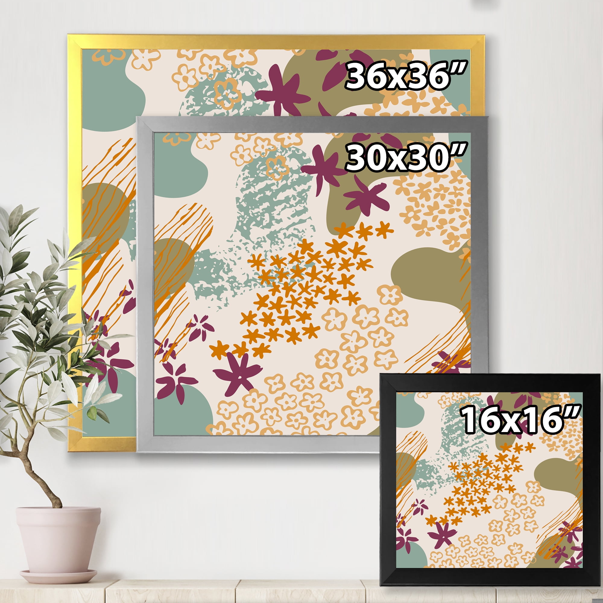 Designart 'Fluid Shapes and Flowers Silhouettes' Modern Framed Art Print