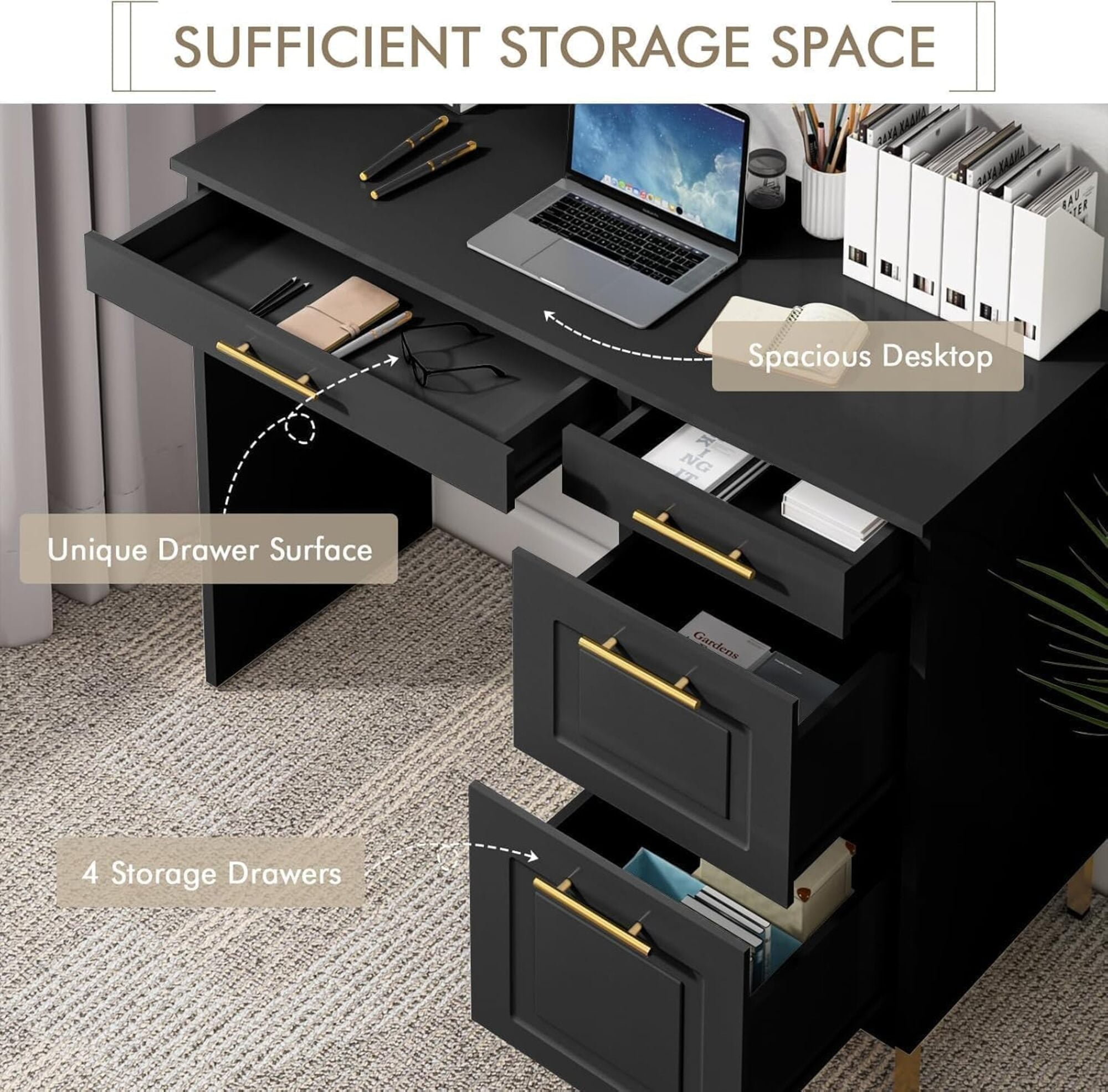 4 EVER WINNER 43" Black & Gold Desk with 4 Storage Drawers & Shelves, Luxury Multi-Functional Computer Desk for Home Office