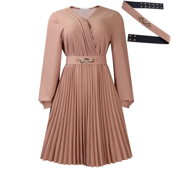AURA Womens Elegant V Neck Pleated Midi Dress Long Puff Sleeve High Waist A Line Zipper With Belt