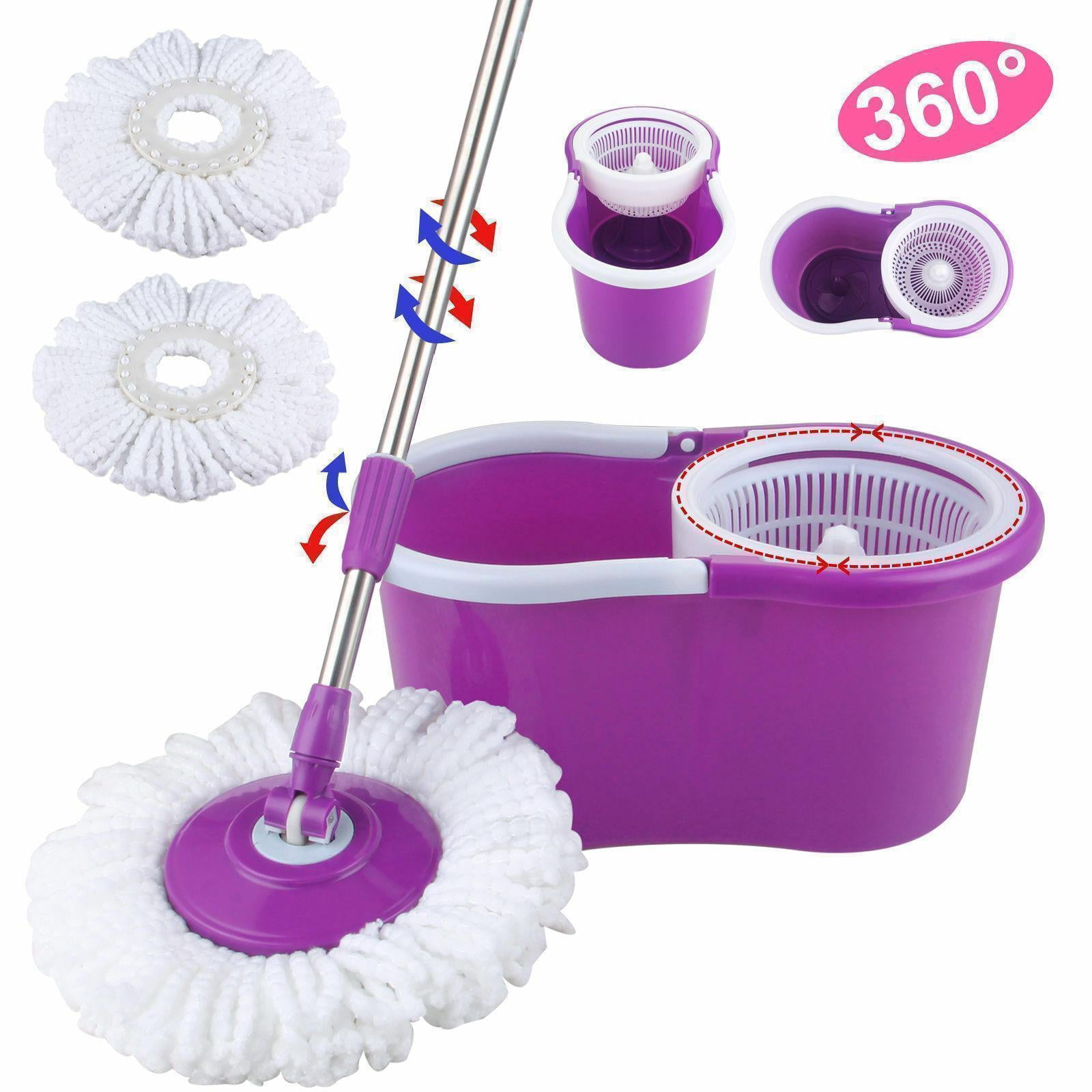 US 360° Rotating Floor Mop Bucket Set wheel with 2 Microfiber Head Cleaning Tool 