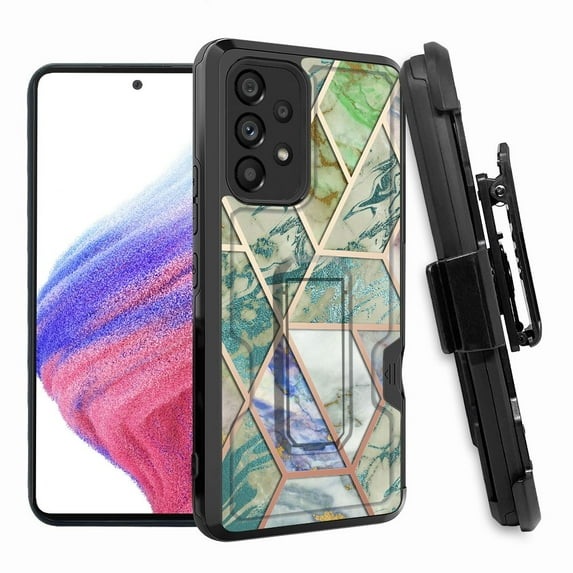 ANJ+ Rugged Shockproof Hoster Case w/Card Slot, Kickstand + Tempered Glass Cover for Samsung Galaxy A33 5G - Nordic Marble Pattern (Green)