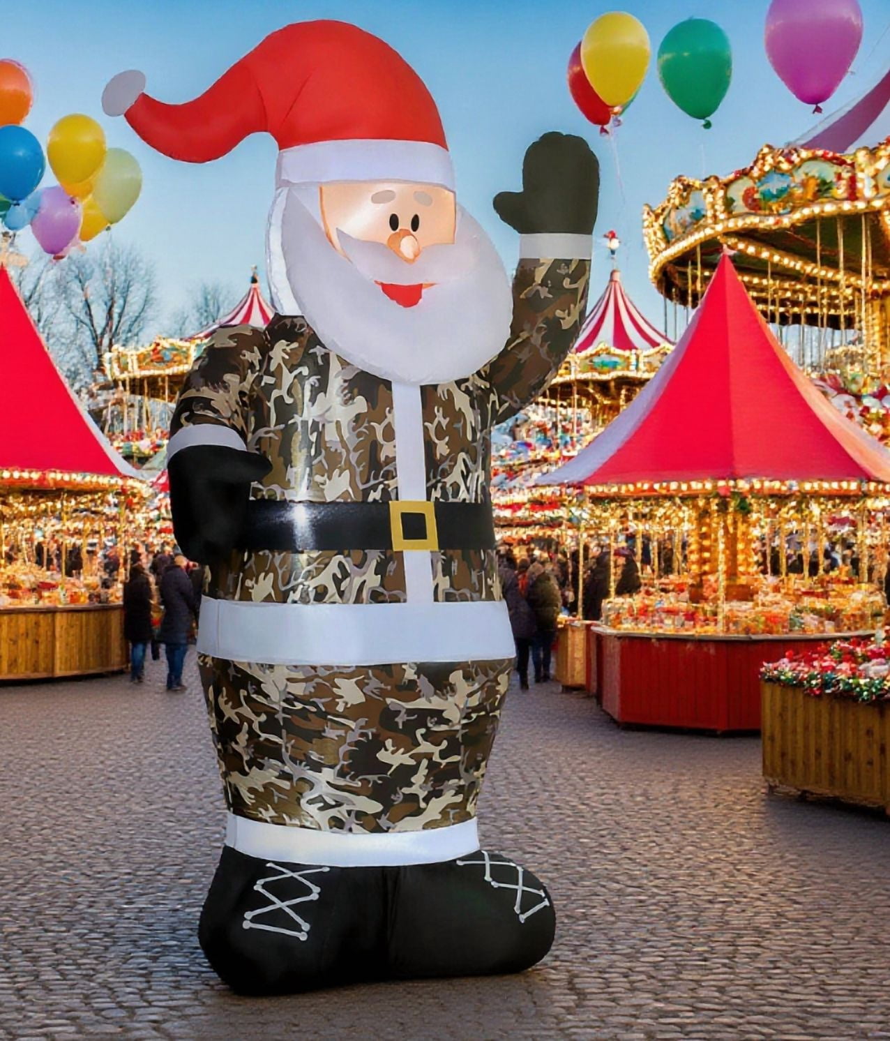 8ft Camo Santa Claus Inflatable with LED Lights IP44 Waterproof Polyester Cloth Yard Garden Holiday Decoration