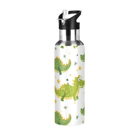 

ALAZA Cute Cartoon Crocodile Water Bottle Insulated Flask Stainless Steel Straw Lid 20 oz