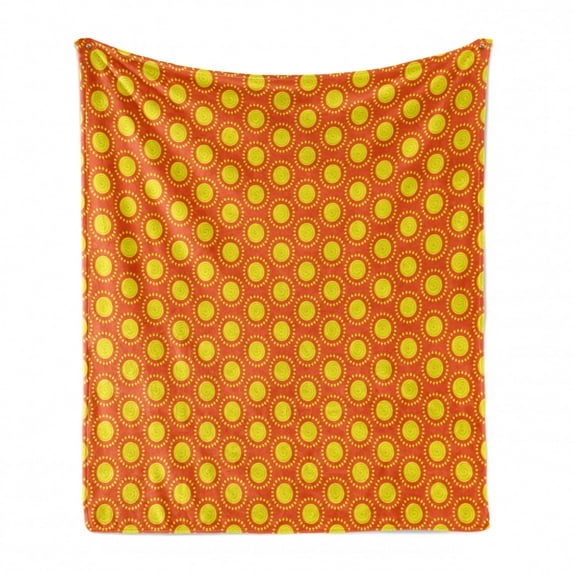 Orange and Yellow Soft Flannel Fleece Blanket, Hand Drawn Doodle Style Round Abstract Sun Motifs Sunny Hot Summer, Cozy Plush for Indoor and Outdoor Use, 70" x 90", Orange and Yellow, by Ambesonne