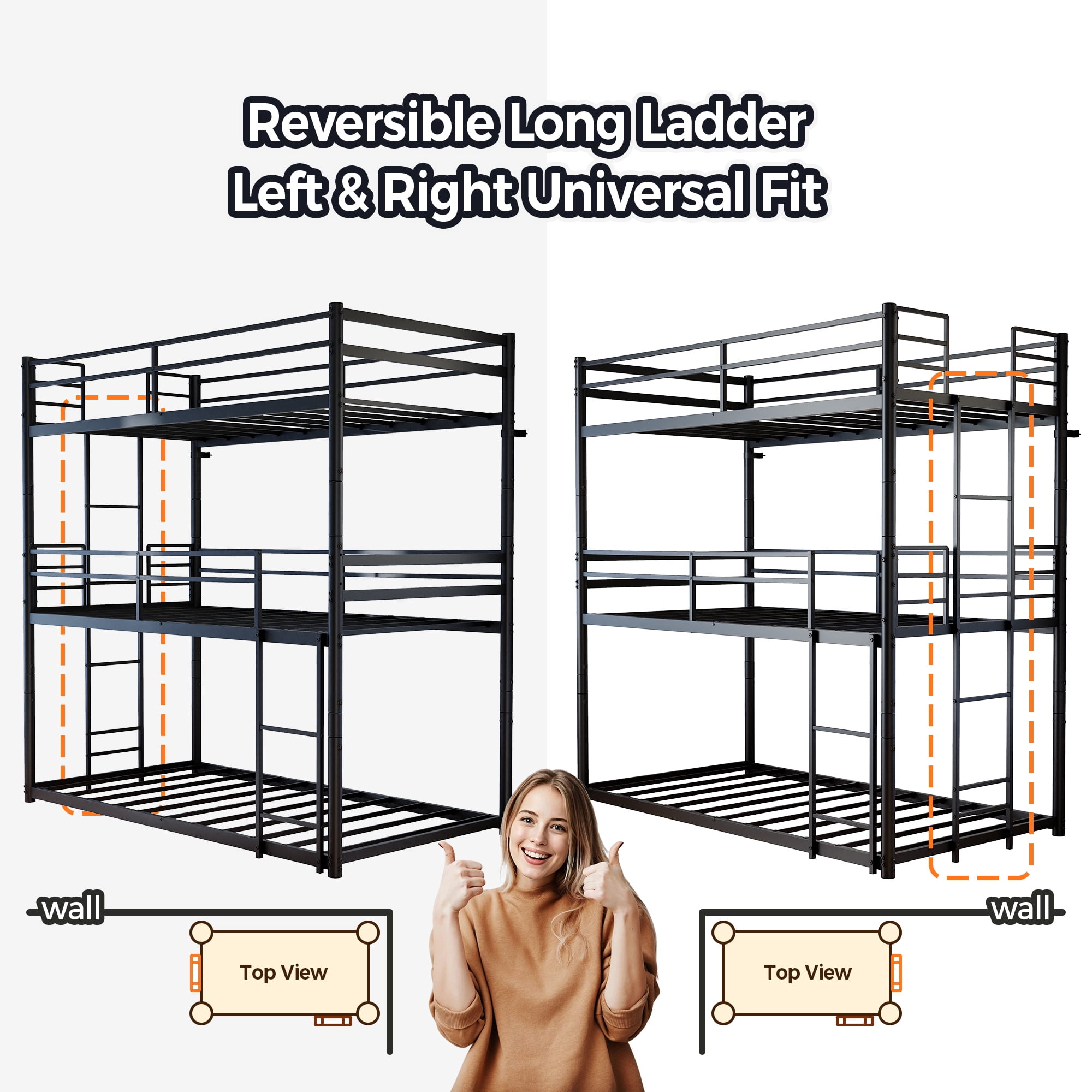 Alvantor Heavy Duty Triple Twin Metal Bunk Bed, 3-in-1 Convertible Frame, Black