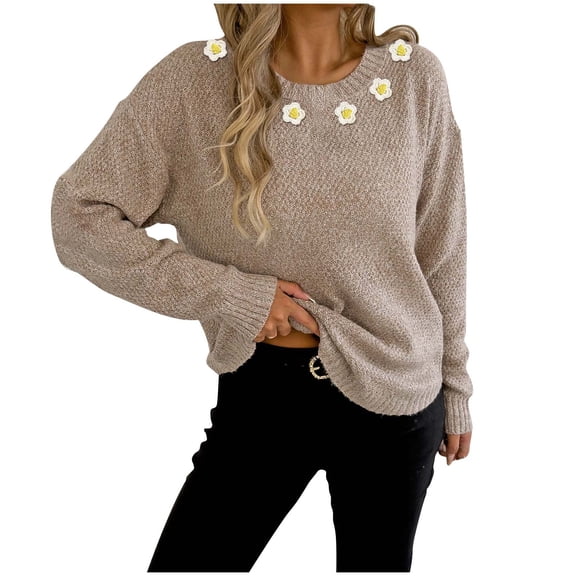 Fall Sweater Womens Long Sleeve Floral Sweaters Casual Winter Clothes Crewneck Soft Pullover Tops Khaki, M