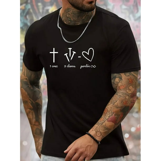 Cross, Nails, Heart Element Print Slim Fit Short-sleeve, Simple T-shirt For Summer, Men's Round Neck Short-sleeve T-shirt, Casual T-shirt, Casual Comfortable Top