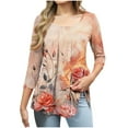 thumbnail image 2 of JTZGDY Summer Tunic Tops for Women Dressy Casual 2025 Fashion 3/4 Lenght Sleeve Floral Printed Ruched Pleated Crewneck Graphic T-Shirts Loose Fit Curvy Hem Blouse Orange L, 2 of 7