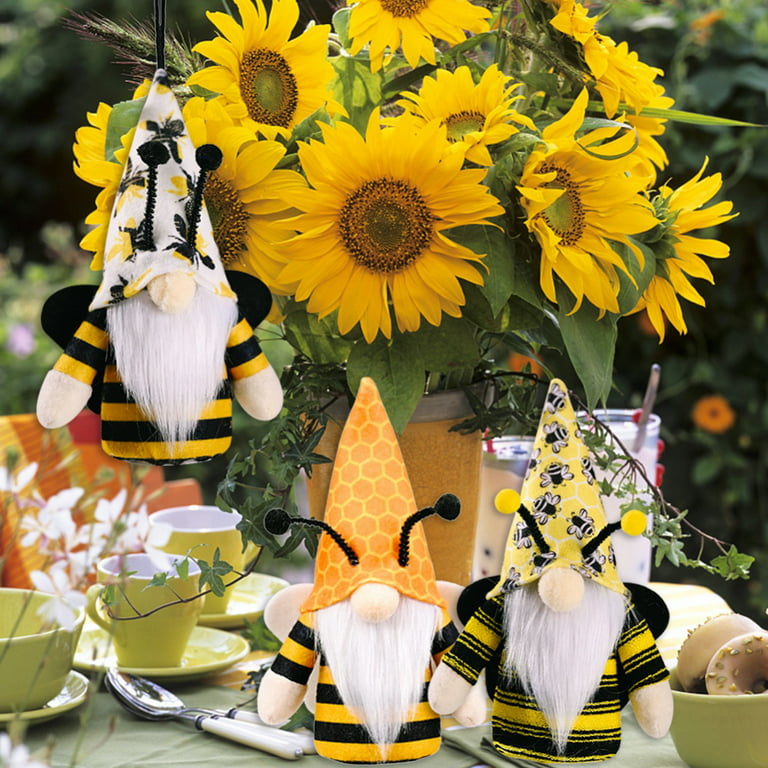 4 Pack Glowing Bumble Bee Gnome Decor Honey Bee Decor with Hanging Gnomes and Elegant Fun Whimsical Spring Gnome Ultra-Soft Plush Gnomes for Kitchen