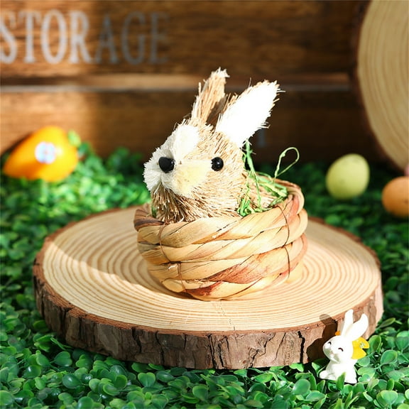 Easter Straw Bunny Figurines, Easter Bunny Decor Tabletop Ornament Bunny Figurines Home Decor, Handmade Woodland Straw Decorative Set Natural Wooden for Home Decor
