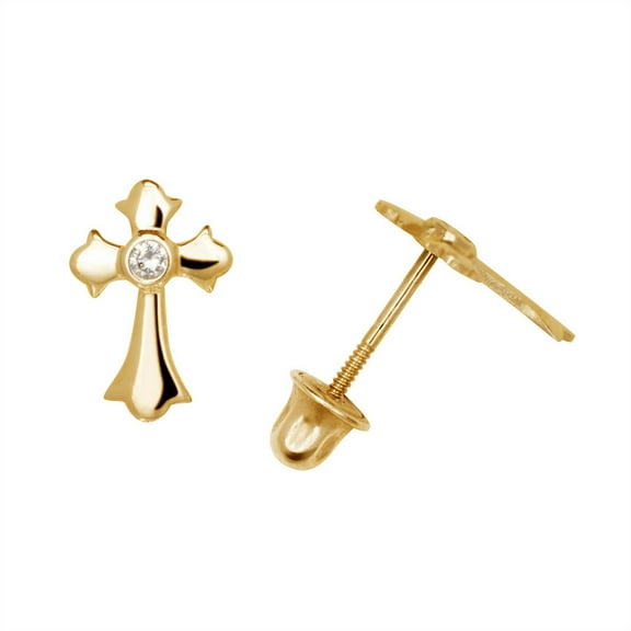Solid 14k Gold CZ Religious Faith Cross With Stone In Middle Stud Earrings (yellow and White)-(Yellow Gold)-Stud Earring