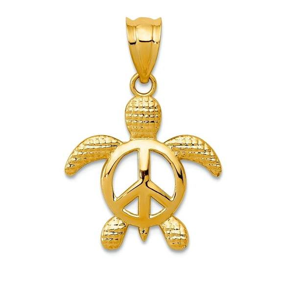 14k Yellow Gold Textured Polished Peace Turtle Pendant Necklace 23x16mm Wide Pendant for Women