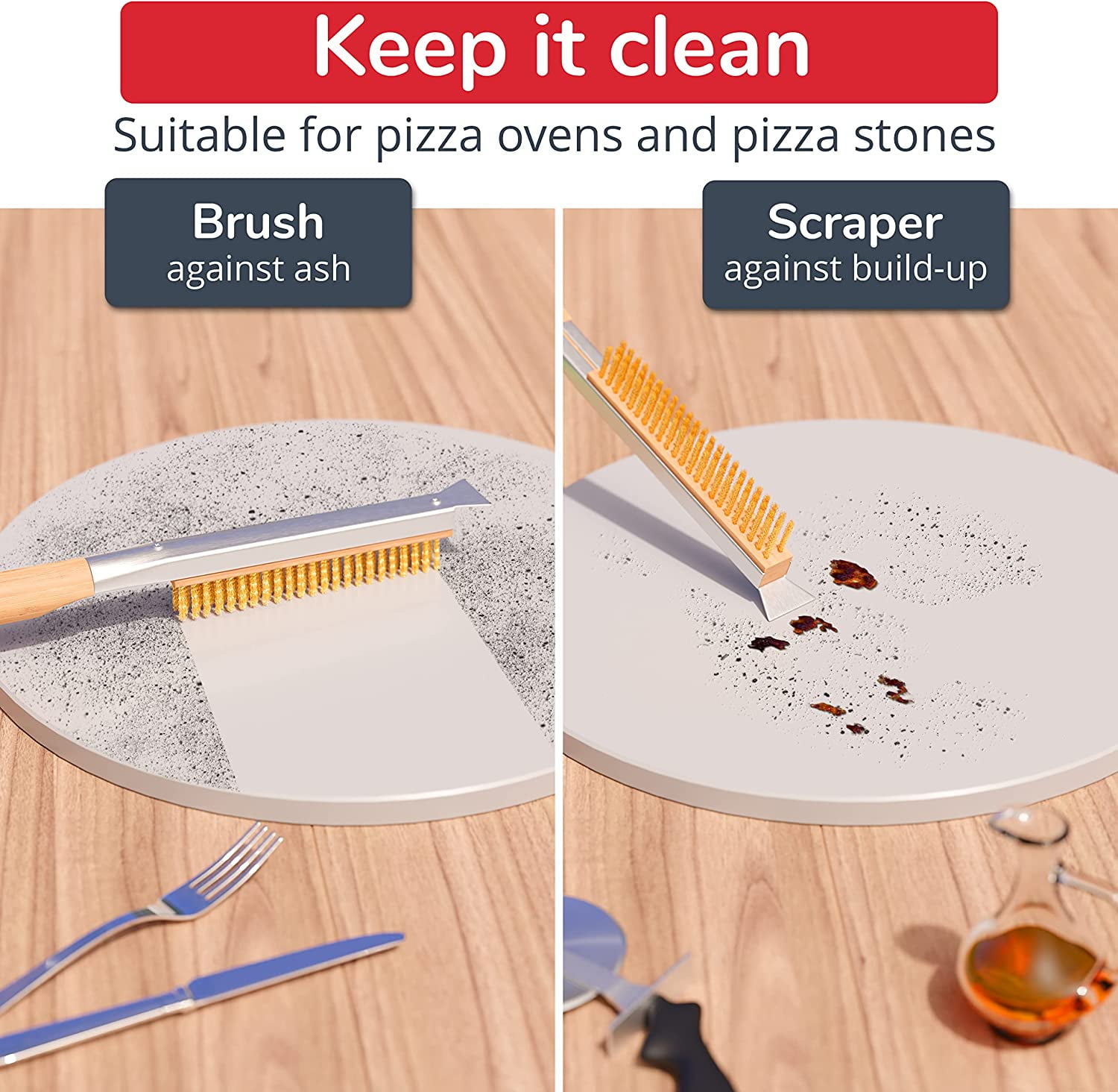 26” Pizza Oven Brush with Stone Scraper - Heat Resistant Stainless Steel Bristles, Extra Long Handle - Compatible with Ooni Ovens - Includes Spare Head