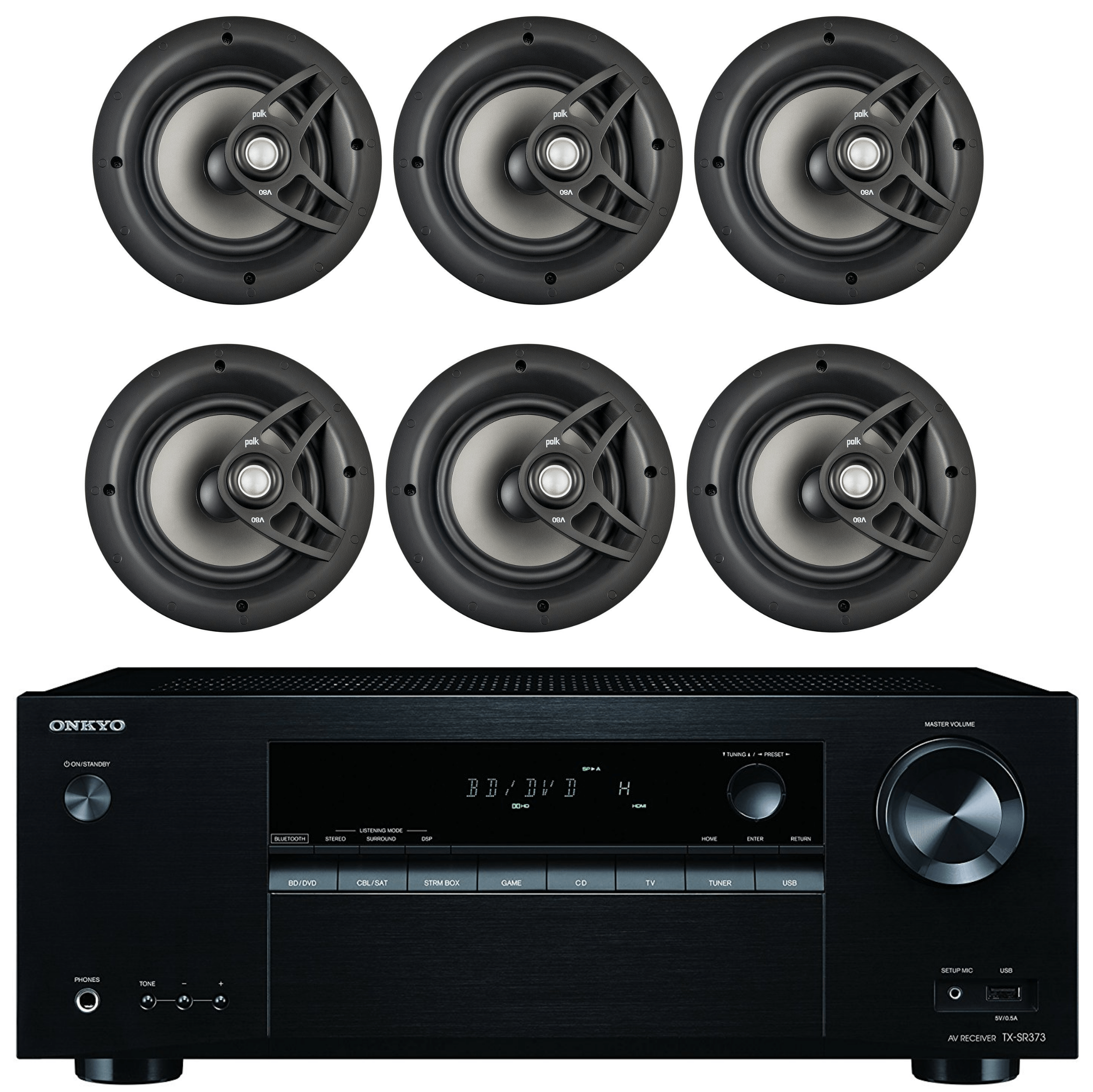 Onkyo 5.2 Channel Full 4K Bluetooth AV Home Theater Receiver + Polk 8" 2 Way High-Performance Natural Surround Sound In-Ceiling Speaker System (Set Of 6) - image 1 of 1