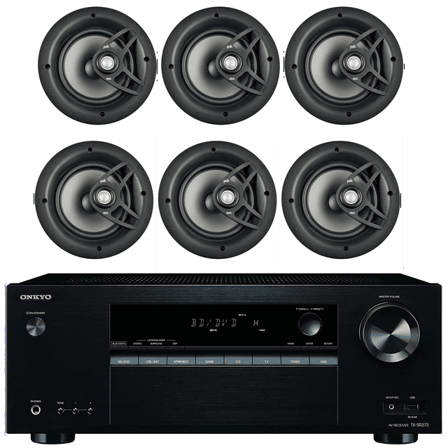 Onkyo 5.2 Channel Full 4K Bluetooth AV Home Theater Receiver + Polk 8" 2 Way High-Performance Natural Surround Sound In-Ceiling Speaker System (Set Of 6)