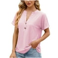 thumbnail image 2 of Elainilye Fashion Summer Tops for Women 2024 Trendy V-Neck Hollow Out Recreational Short Sleeve Tops Blouse,Pink, 2 of 5
