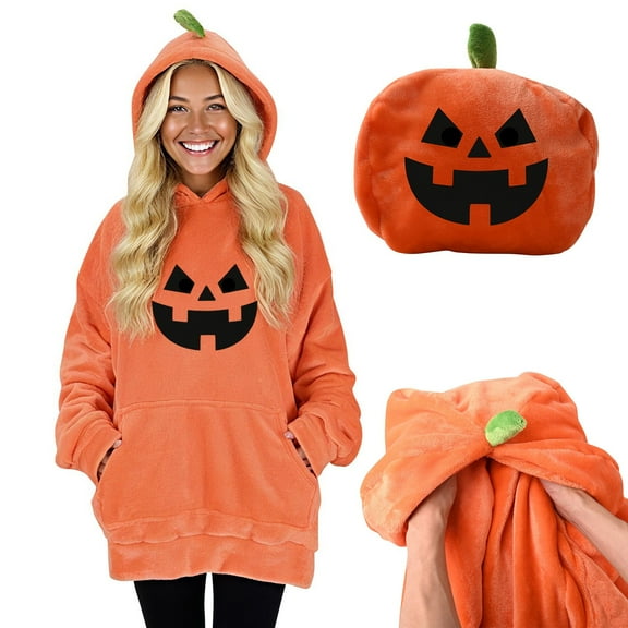 Htigea Women's Pumpkin Sweatshirts Cute Long Sleeve Hoodies with Pocket Flannel Hooded Tops Double as Pillow Orange S
