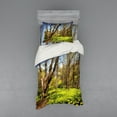 thumbnail image 2 of Nature Duvet Cover Set, Spring Forest Flower Field and Trees Dreamy Eco in Sunny Open Sky Landscape, Bedding Set with Shams and Fitted Sheet, 3 Sizes, by Ambesonne, 2 of 3