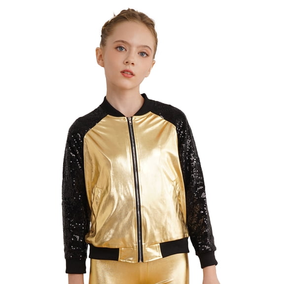 IEFIEL Girls Shiny Metallic Jacket Outerwear Long Sleeve Sequins Coat Hip Hop Street Dance Costume Gold 8