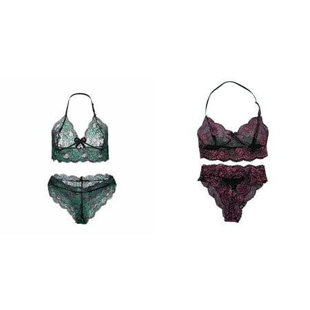 Lojoutye 2 Pack(Hot Pink 1PCS & Green 1PCS) for Women Wench Multipack Women Sheer Floral Lace Pajamas Set High Waist Sleepwear Bra and Panty 2 Piece Nightwear Xxl