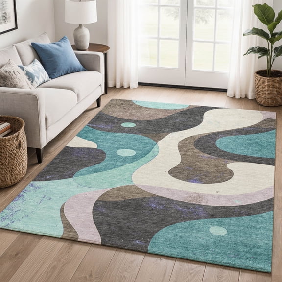 Addison Rugs Mayfield Premium Machine Washable Transitional Swirls Teal Rectangle Rug, 10' x 14'