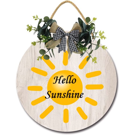 Eveokoki 11" Wooden Sign Hello Sunshine Front Door,Mall Decor for Farmhouse Porch Decorations, Rustic Wreaths Sign with Stapled Greenery, Round Wooden Hanging Sign