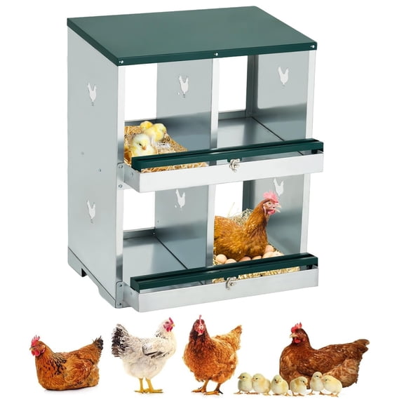 Chicken Nesting Boxes, Two-Tier Metal Chicken Egg Laying Box with 4 Compartments Large Vented Holes Chicken Coop for Egg Collection,Green