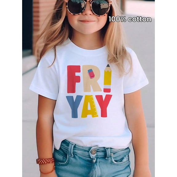 Girls Casual FRIDAY Graphic T-Shirt for Summer,Round Neck and Short Sleeve Style,Comfy Fabric,White Color and Size 3-13Y,GWB0521001