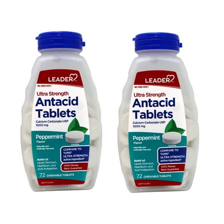 2 Pack - Leader Antacid Ultra Strength Chewable, Fast Heartburn & Indigestion Relief, Acid Reflux, Upset Stomach, Calcium Carbonate 1000mg, Peppermint, 72 Count