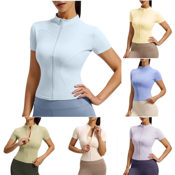 ClodeEU Women's Mock Neck Zip Slim Fit Yoga Top ,Breathable Short Sleeve Athletic Tee Blue,Women's Plus L