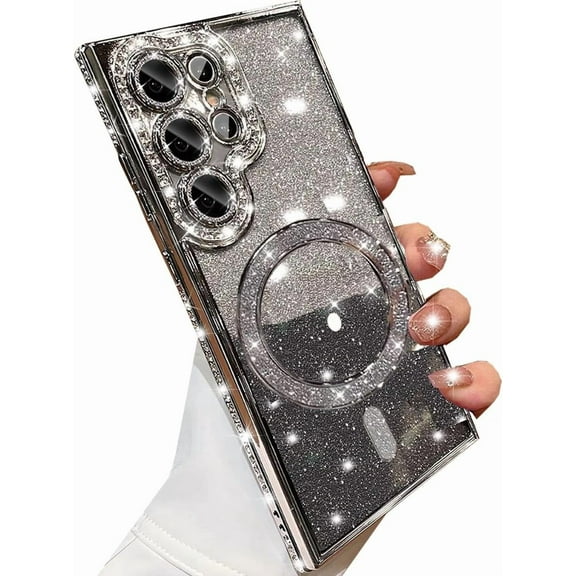 for Samsung Galaxy S25 Ultra Magnetic Glitter Case,[Compatible with Magsafe] Cute Luxury Bling Sparkly Rhinestone with Camera Proteactor TPU Bumper Women Girl Case for Galaxy S25 Ultra,Silver