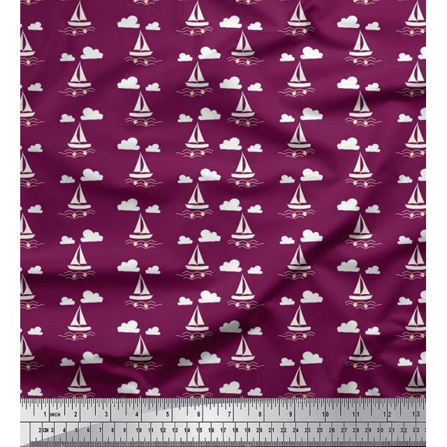 Soimoi Poly Georgette Fabric Cloud,Fish & Yacht Nautical Print Fabric by Yard 52 Inch Wide