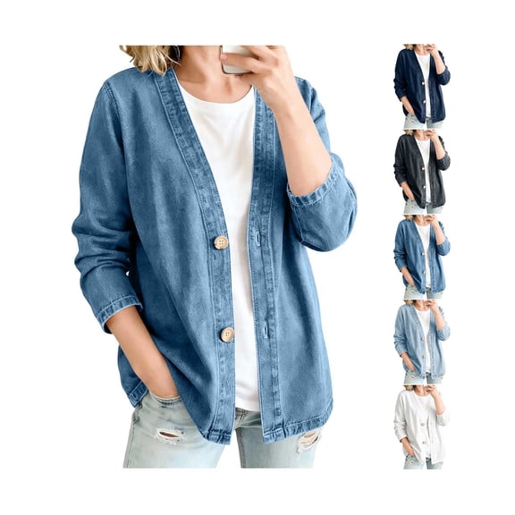 Jean Jacket Women V Neck Button Front Denim Jacket Lightweight Breathable Long Sleeve Casual Jeans Cardigan