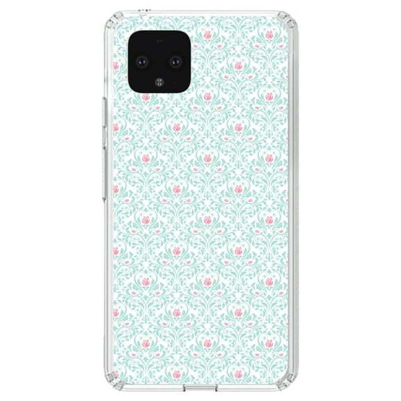 DistinctInk Clear Shockproof Hybrid Case for Google Pixel 4 XL (6.3" Screen) - TPU Bumper, Acrylic Back, Tempered Glass Screen Protector - Teal & Pink Rose Pattern