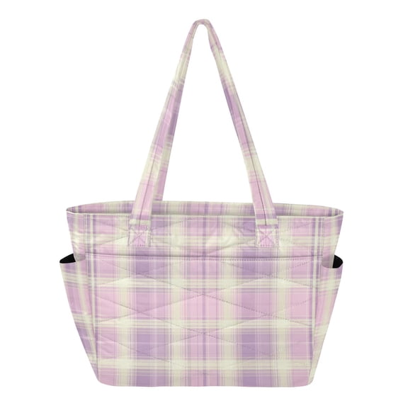 Quilted Tote Bag Large Capacity Multi-Compartment Handbag Lightweight Structured Shoulder Bag Versatile Casual Bag Bright Pink Checkered Pattern