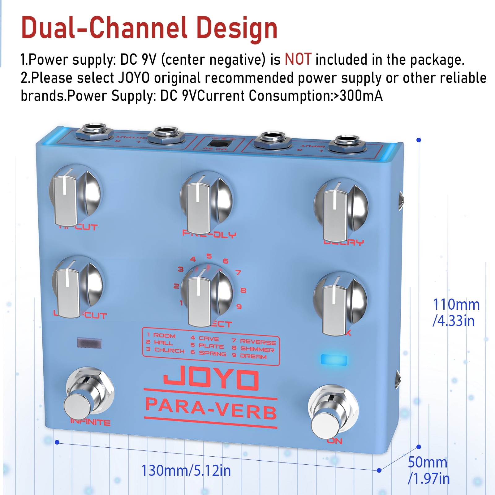 JOYO Reverb Guitar Pedal Digital Stereo 9 Reverb Effects Infinite & Trail Functions for Electric Guitar