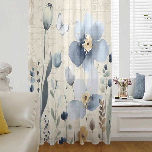 Spring Blue Floral Sheer Curtains 63 Inches Long for Living Room/Bedroom, Vintage Garden Wildflowers Botanical Rod Pocket Voile Kitchen Curtains & Drapes Window Treatment 1 Panel, 52"W x 63"L