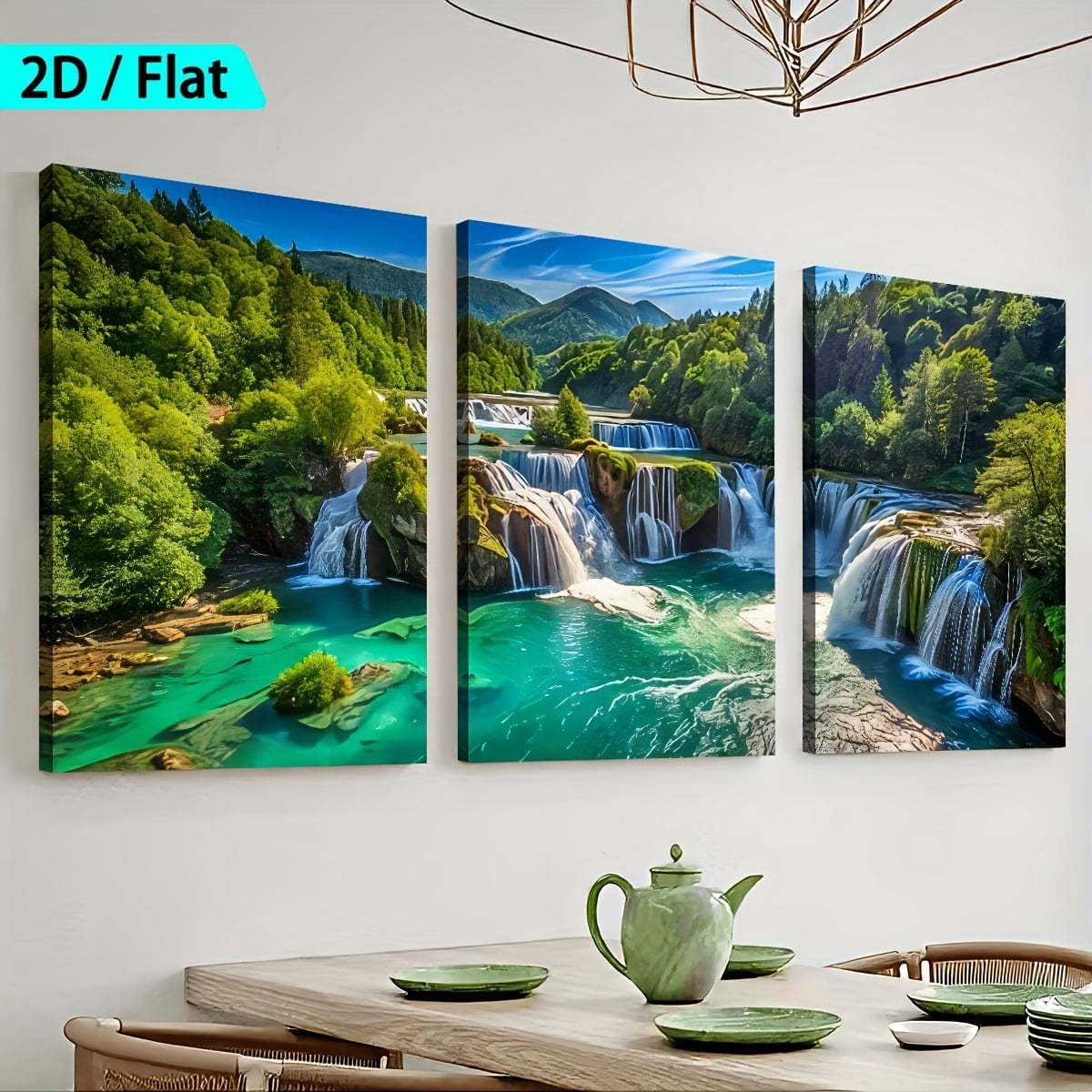 [Holiday Gift] 2D Flat, [2D/Flat Print] Framed Canvas Painting And Poster, Ready to Hanging, Natural Waterfall, Lake, Forest Scenery, Large Size Home Decor, Wall Art, Room Decoration, Holiday Gift