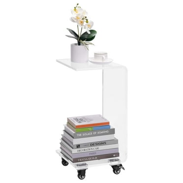 Navaris Clear Acrylic Side Table - Glass C Shaped Table 66 x 30 x 30 cm (26" x 11.8" x 11.8") - Clear End Table with Wheels - Rolling Sofa Tables for Living Room