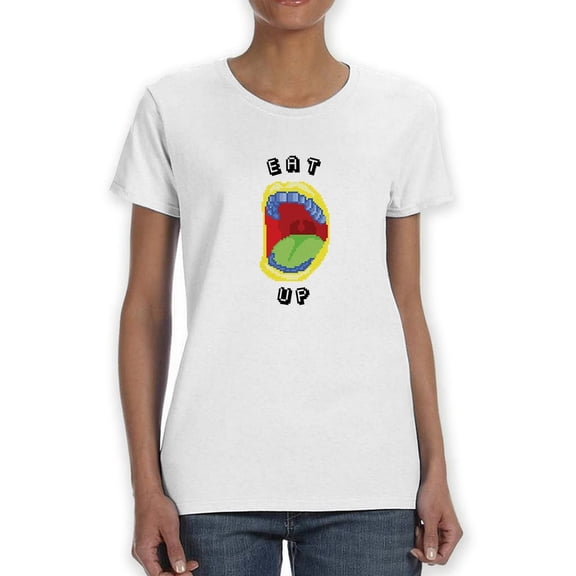 Eat Up Pixel Art Graphic Women White T-Shirt, Female Small