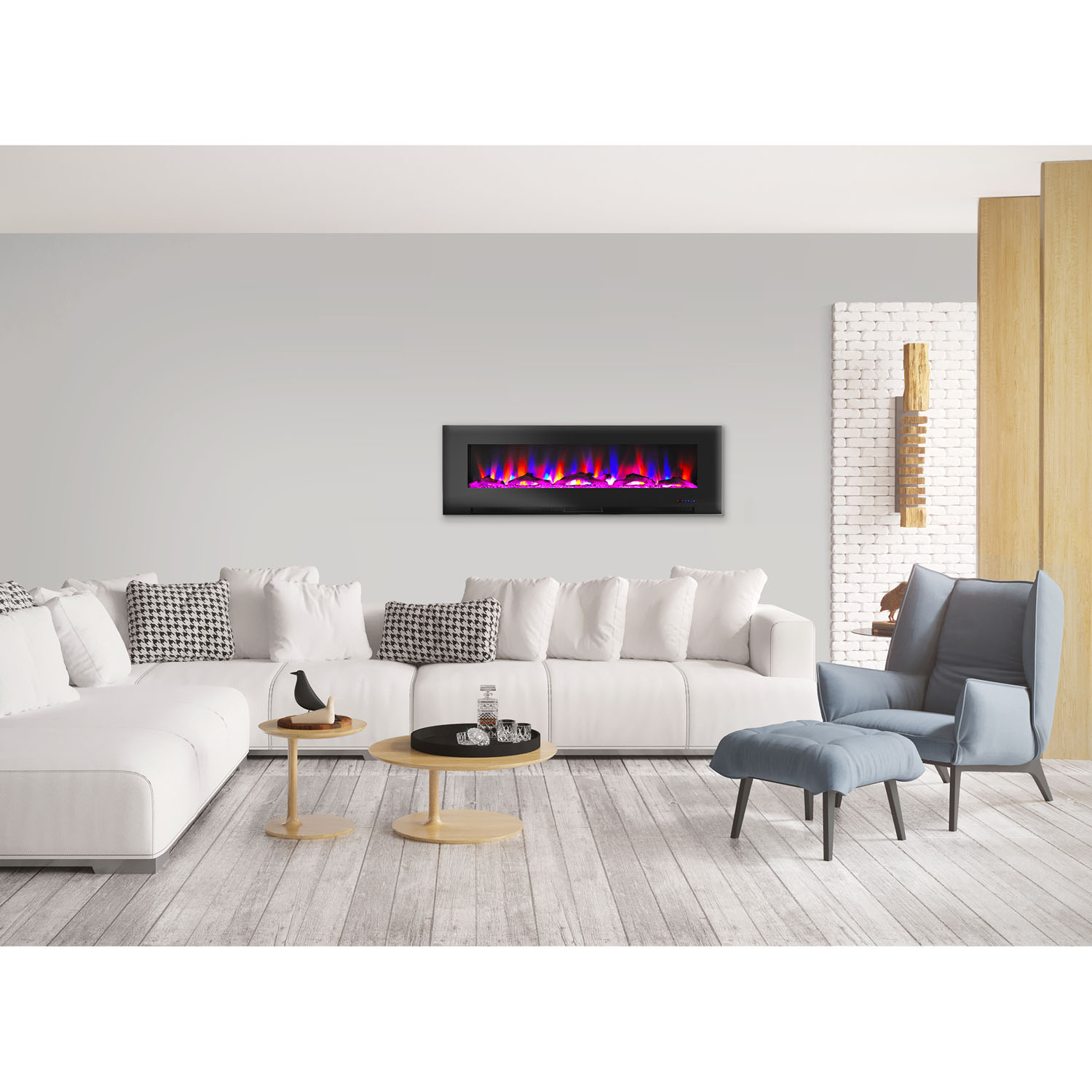 Hanover 60 In. Wall-Mount Electric Fireplace in Black with Multi-Color Flames and Driftwood Log Display