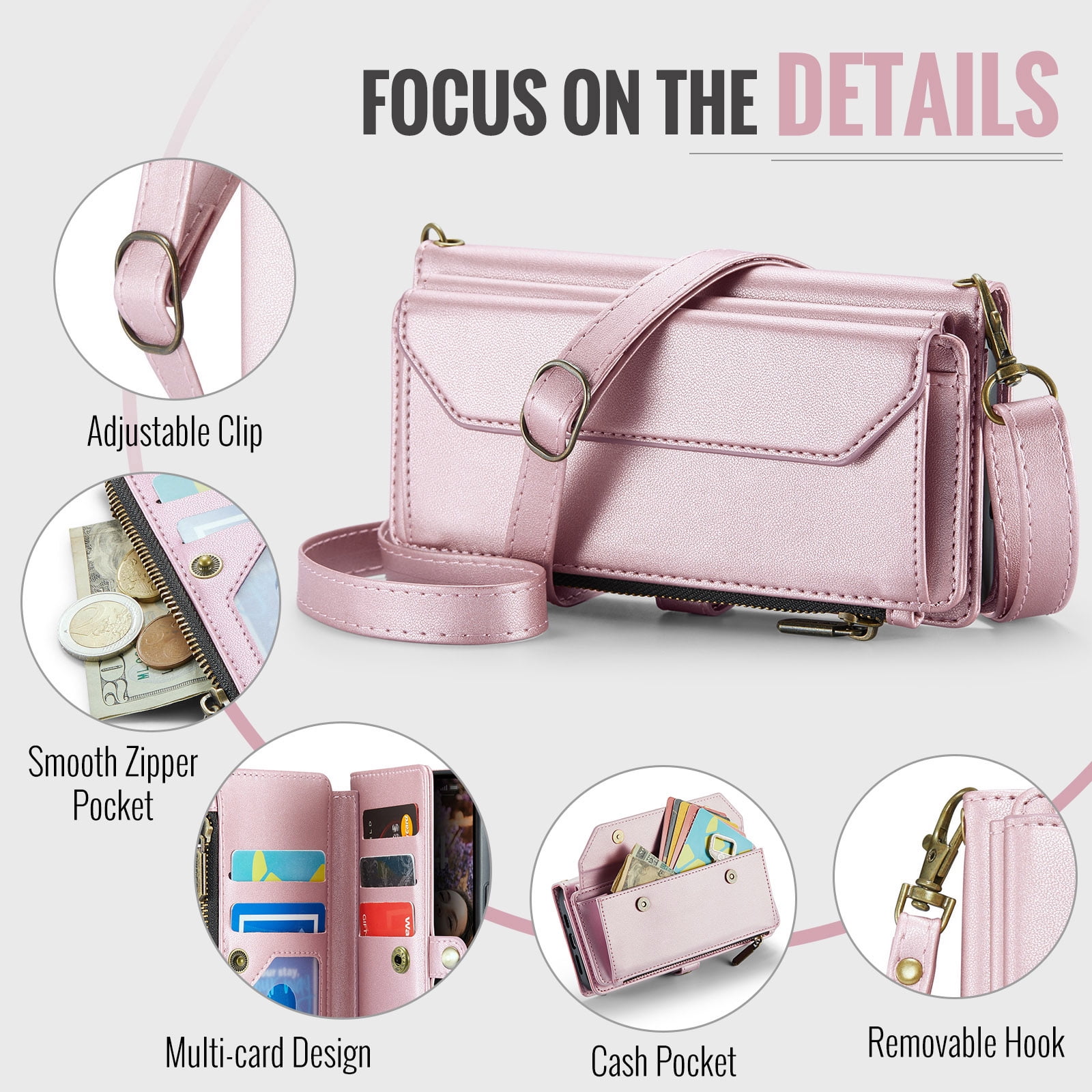 Asuwish Compatible with iPhone 16 6.1 inch Zipper Wallet Phone Case Tempered Glass Screen Protector Crossbody Lanyard Strap Flip Card Holder Slot Cell Cover for i Phone16 i16 16Case Women Rose Gold
