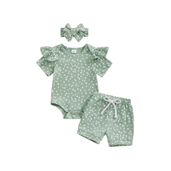 Bslissey Baby Girls Cute Shorts Sets Floral Print Short Sleeve Romper Tops   Drawstring Shorts   Bow Headband 3Pcs Outfits Infant Casual Daily Summer Clothes 0-18M