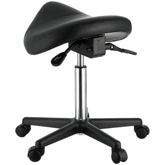 KFFKFF Saddle Stool with Wheels, Height Adjustable Thickened PU Leather Swivel Saddle Stools Chair for Salon, Spa, Tattoo, Clinic, 400 LBS Weight Capacity Ergonomic Rolling Saddle Stool, Black