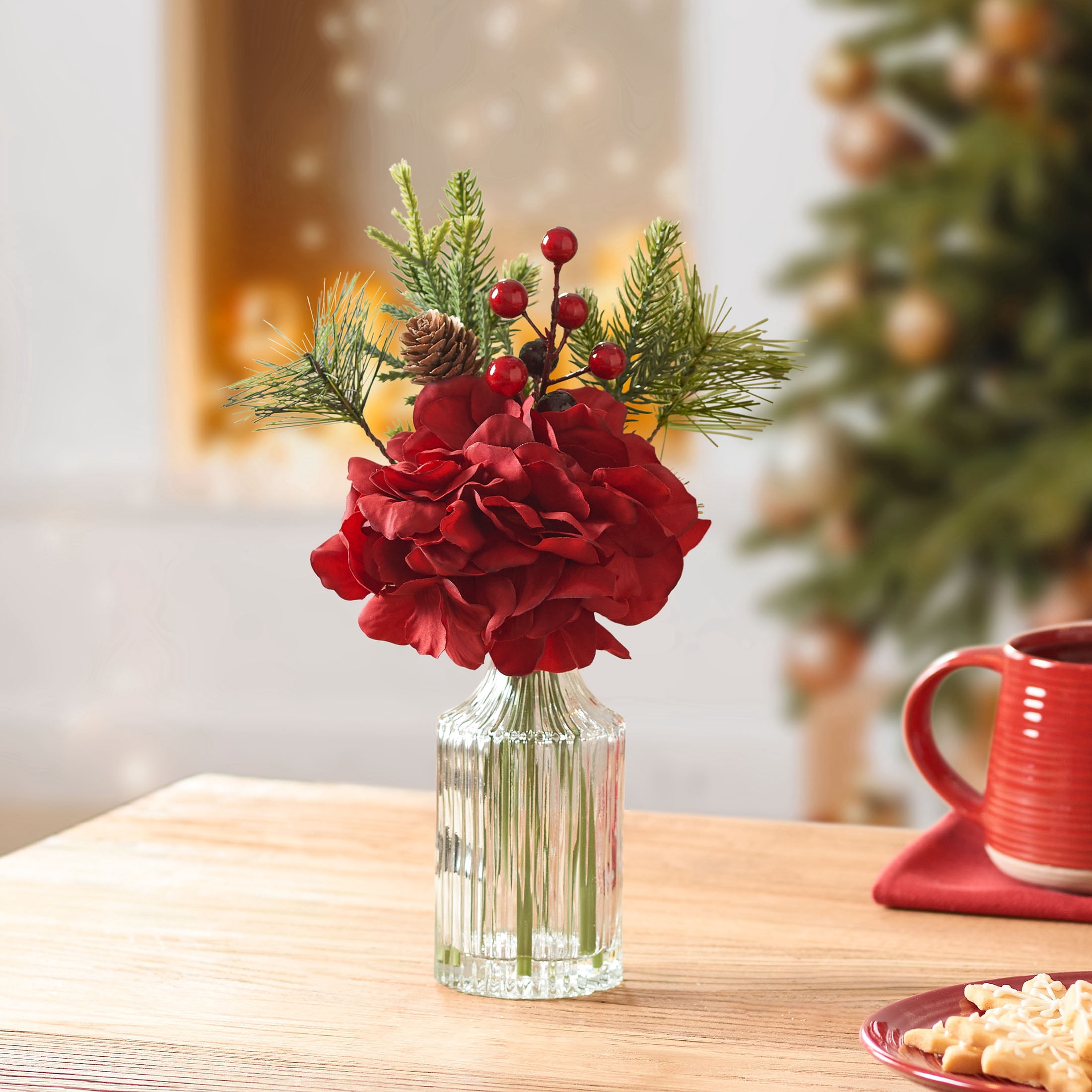 Mainstays 11.5" Decorative Tabletop Artificial Christmas Red Floral Hydrangea in Clear Ribbed Glass Vase