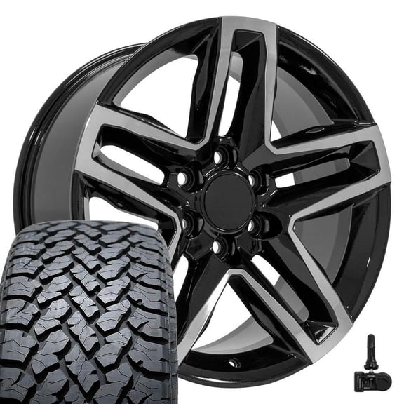 OE Wheels CV34 20 Inch Rims and Tires Fit Silverado 1500 Trail Boss Style 6x139.7 20x9 Gloss Black Machined - Hollander 5911 - TS-37 AT 275/55-20 (Set of 4)