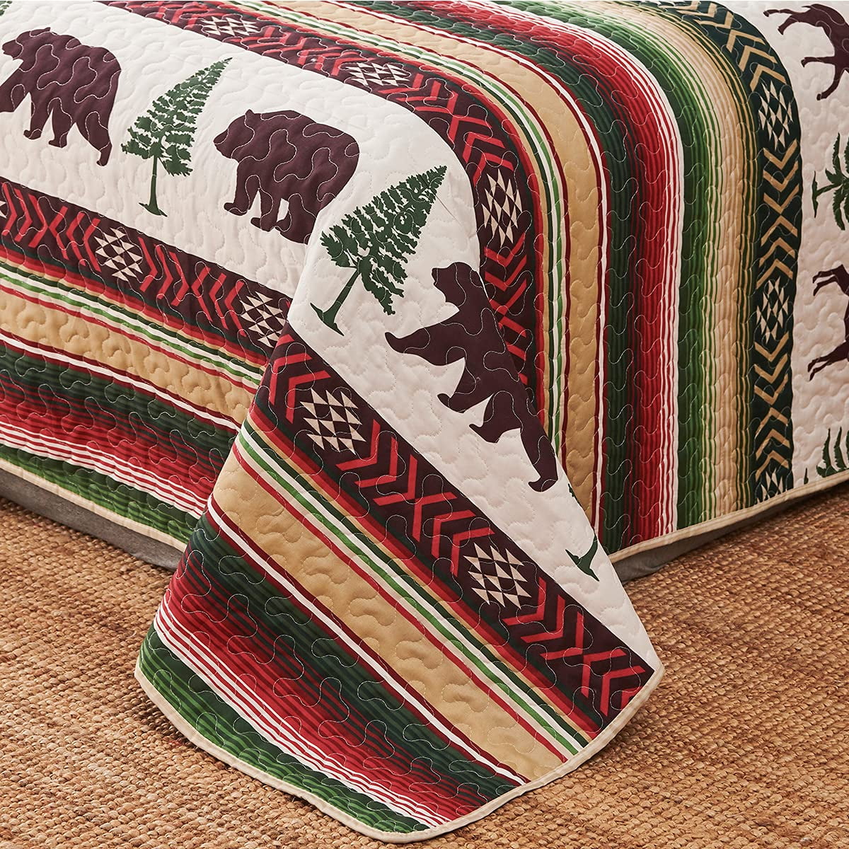 Beartech Quilt Set Queen Size Moose Bear Red Green Stripe Quilt Lightweight Reversible Microfiber Bedspread Coverlet Bedding Set